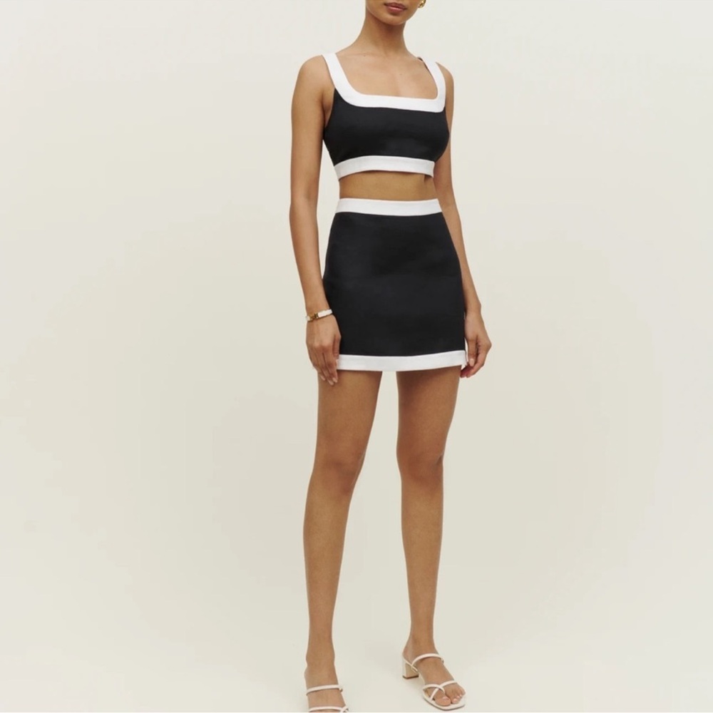 Reformation Robbie Linen Black and White Two Piece Skirt and Top Set Size 6 NWT